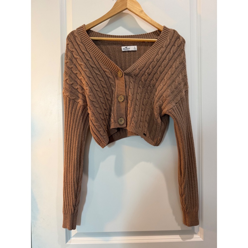 Hollister Brown Cable Knit Cropped Cardigan V-Neck Button Front Sweater Small